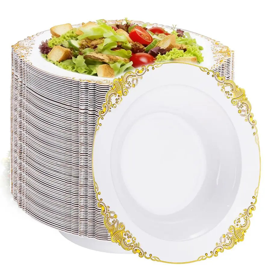 Gold Plastic Bowls 12 oz White Disposable Salad Bowls Heavy Duty Soup Serving Bowl Fancy Plastic Ice Cream Bowl for Parties, Din