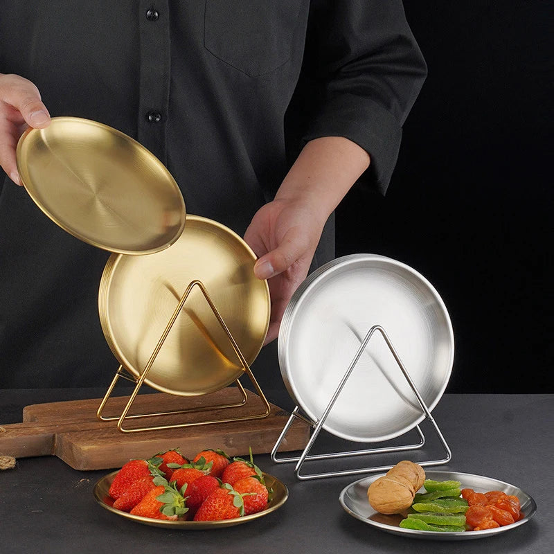 Kitchen Utensils With Shelves Gold Silver Stainless Steel Circular Plates Trays Shallow Bottom Rust Proof Plates Picnic Plate
