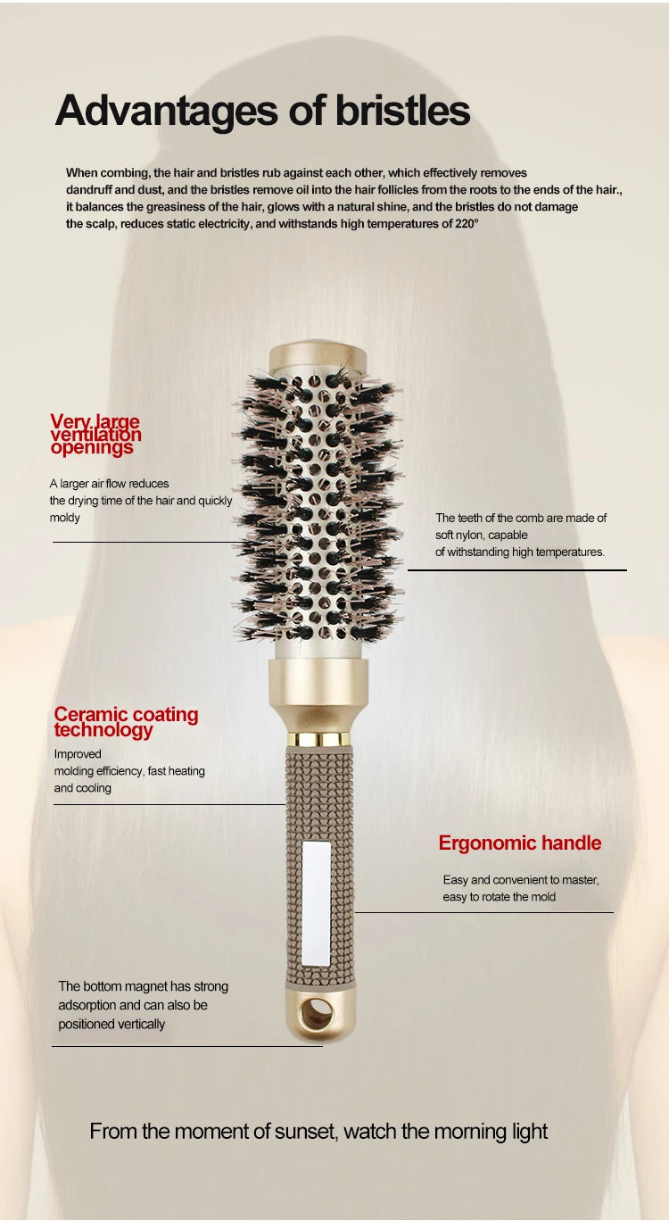 Gute Boar & Nylon Roller Brush - Gold Non-Slip Handle, Curl Defining Barrel - Salon Home Styling