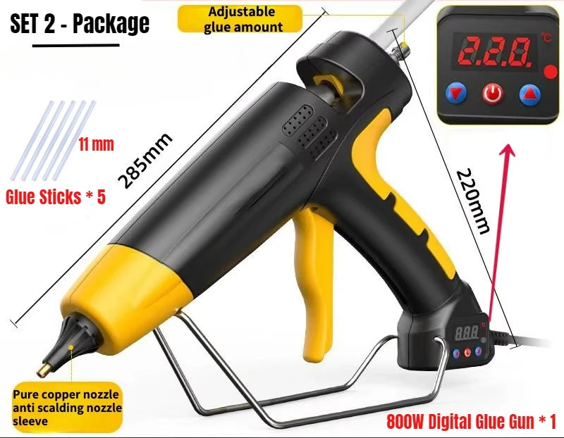800W Professional Hot Melt Glue Gun Digital Adjustable Temperature Copper Nozzle 11 Mm Glue Sticks Industrial Tools Silicone Gun