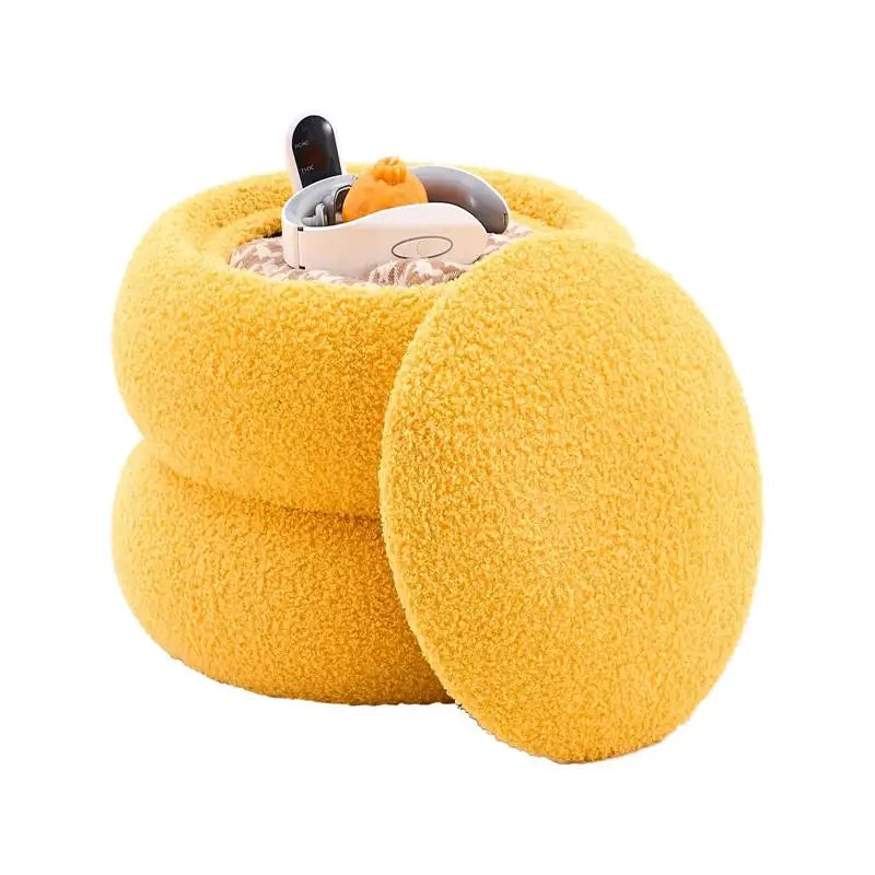 Round Velvet Storage Ottoman with Tray, Macaron-Shaped Footrest & Side Table for Living Room, Bedroom & Hallway Decor - Yellow