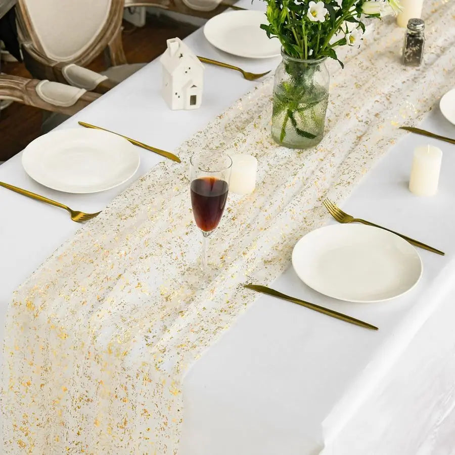 Beige Gold Gauze Table Runner 120 Inch 10Pcs, Glitter Metallic Foil Sheer Dining Wedding Anniversary Holiday Birthday Table Deco