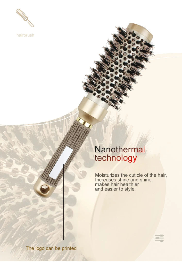 Gute Boar & Nylon Roller Brush - Gold Non-Slip Handle, Curl Defining Barrel - Salon Home Styling
