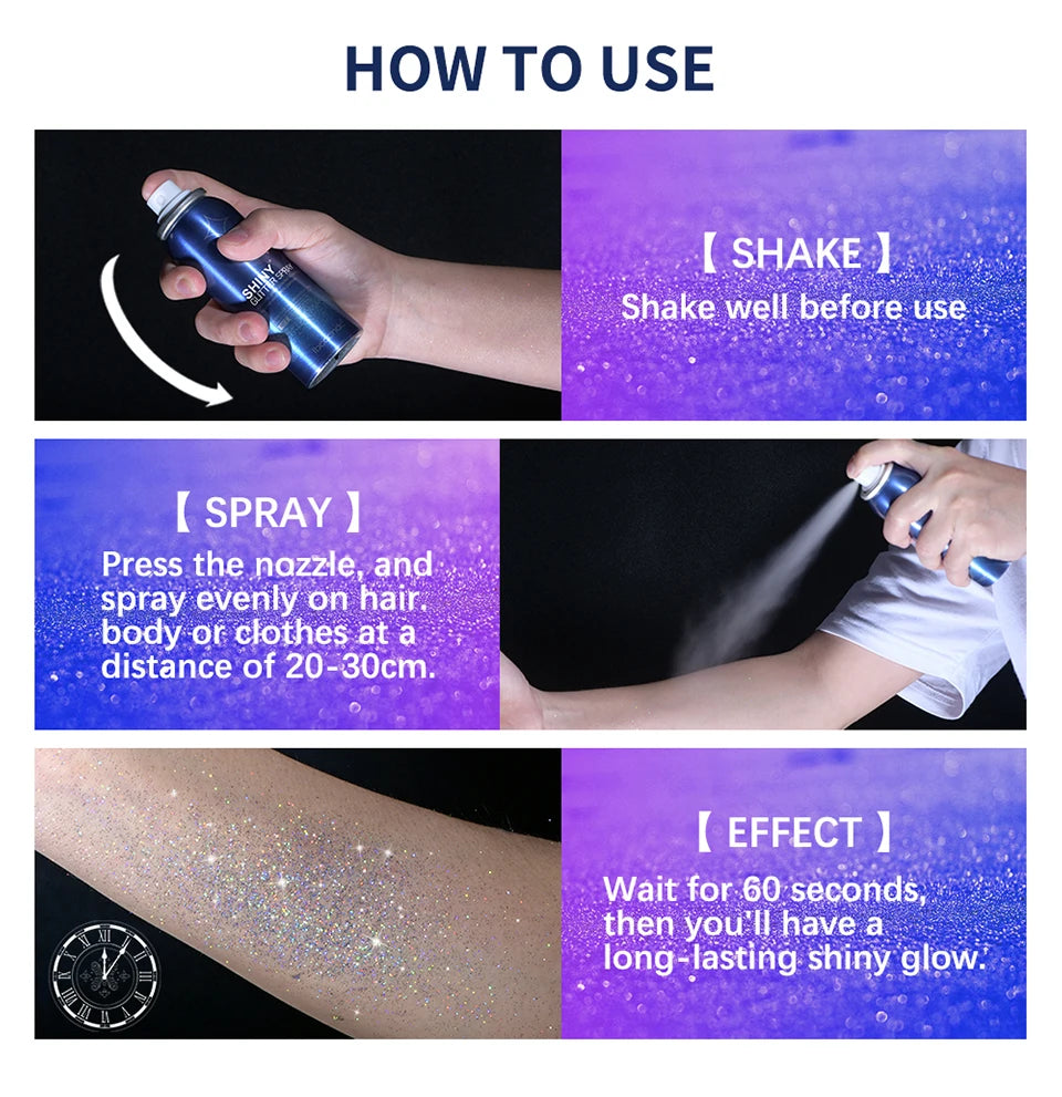 60ml Shiny Silver Glitter Spray High Gloss Glitter Powder Spray Waterproof Shiny Powder Makeup for Body Face Highlight Makeup