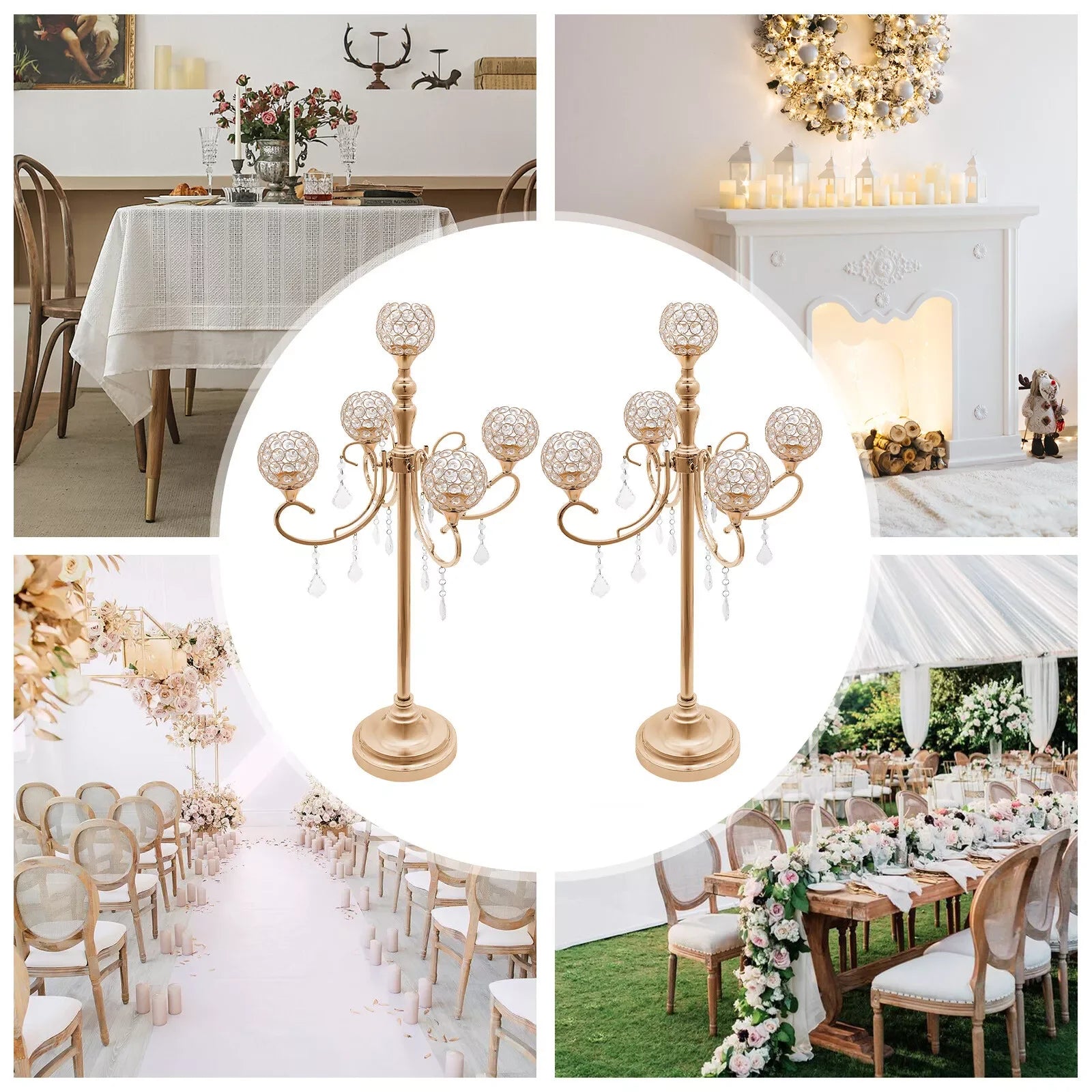 2PCS 5 Arms Crystal Candelabra Candle Holder Golden Table Centerpieces Wedding Decoration