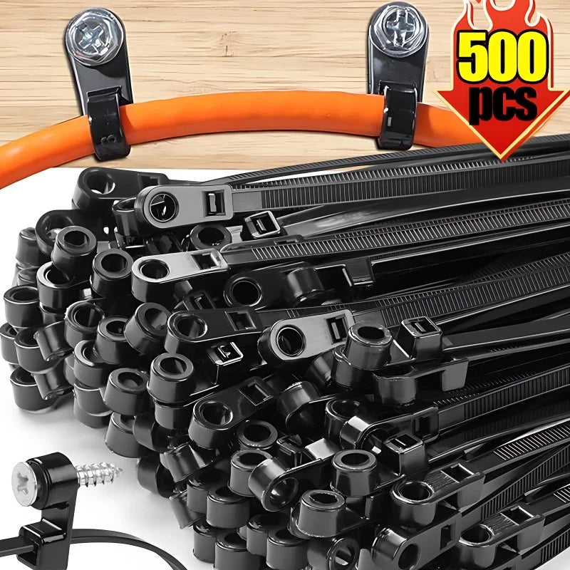 100-500pc Nylon Cable Ties with Screw Mounting Hole Fixed Cables Zip Tie Wire Fastening Straps Reusable Self-locking Cable Ties
