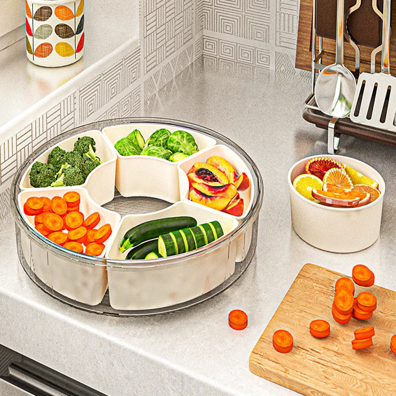 Fruit Tray Six Grids Multi Compartment Round Snack Box with Lid Handle for Home Organization Clear Divided Rotating Serving Tray