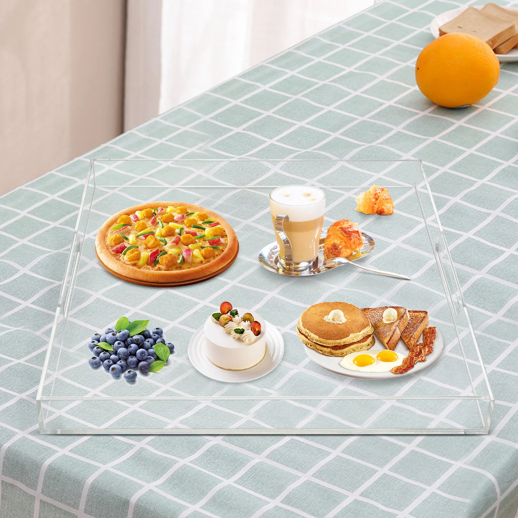 Transparent Acrylic Serving Tray w/ Handles, Square Appetizer Food Drink Tray, Waterproof Coffee Beverage Tray for Dining Table