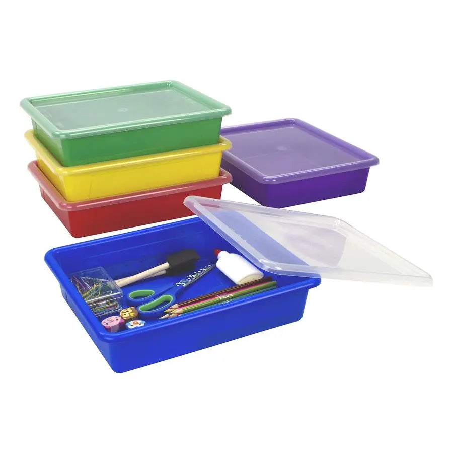 Letter Size Flat Storage Tray Organizer Bin with NonSnap Lid for Classroom, Office and Home, Assorted Colors, Pack of 5 62534U05