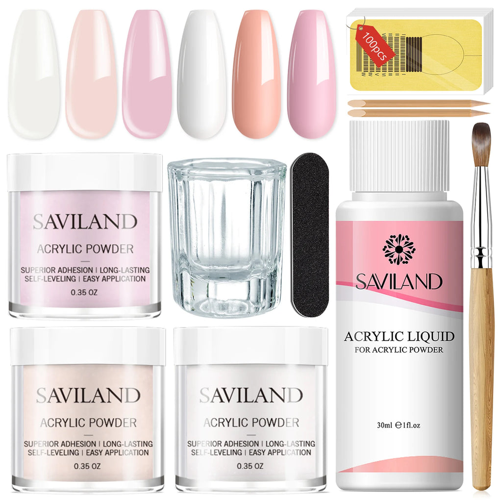 SAVILAND Clear Pink Nudes Acrylic Powder Kit with 30ml Acrylic Liquid Acrylic Nail Brush Nail Forms for Nail Art Salon Home DIY