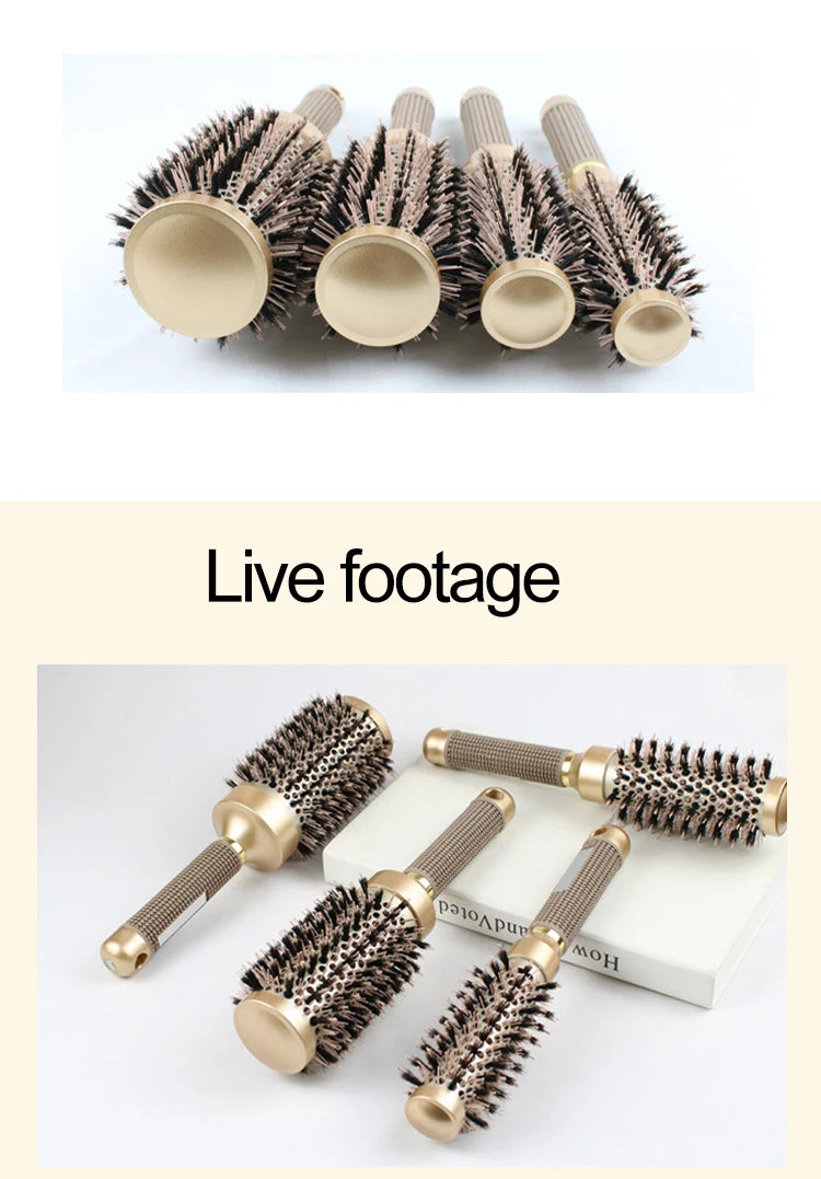 Gute Boar & Nylon Roller Brush - Gold Non-Slip Handle, Curl Defining Barrel - Salon Home Styling