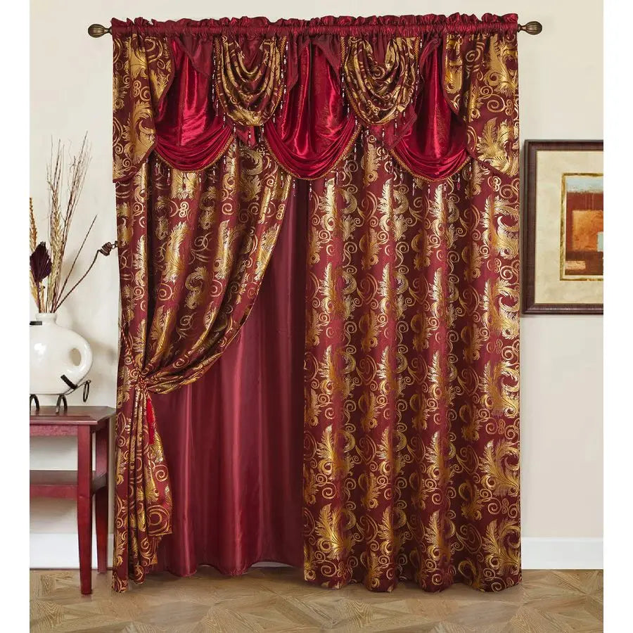 Jacquard Luxury Window 2 Panel Set Burgundy Gold Curtain with Attached Valance and Backing Bedroom Living Room Dining 2 Curtains