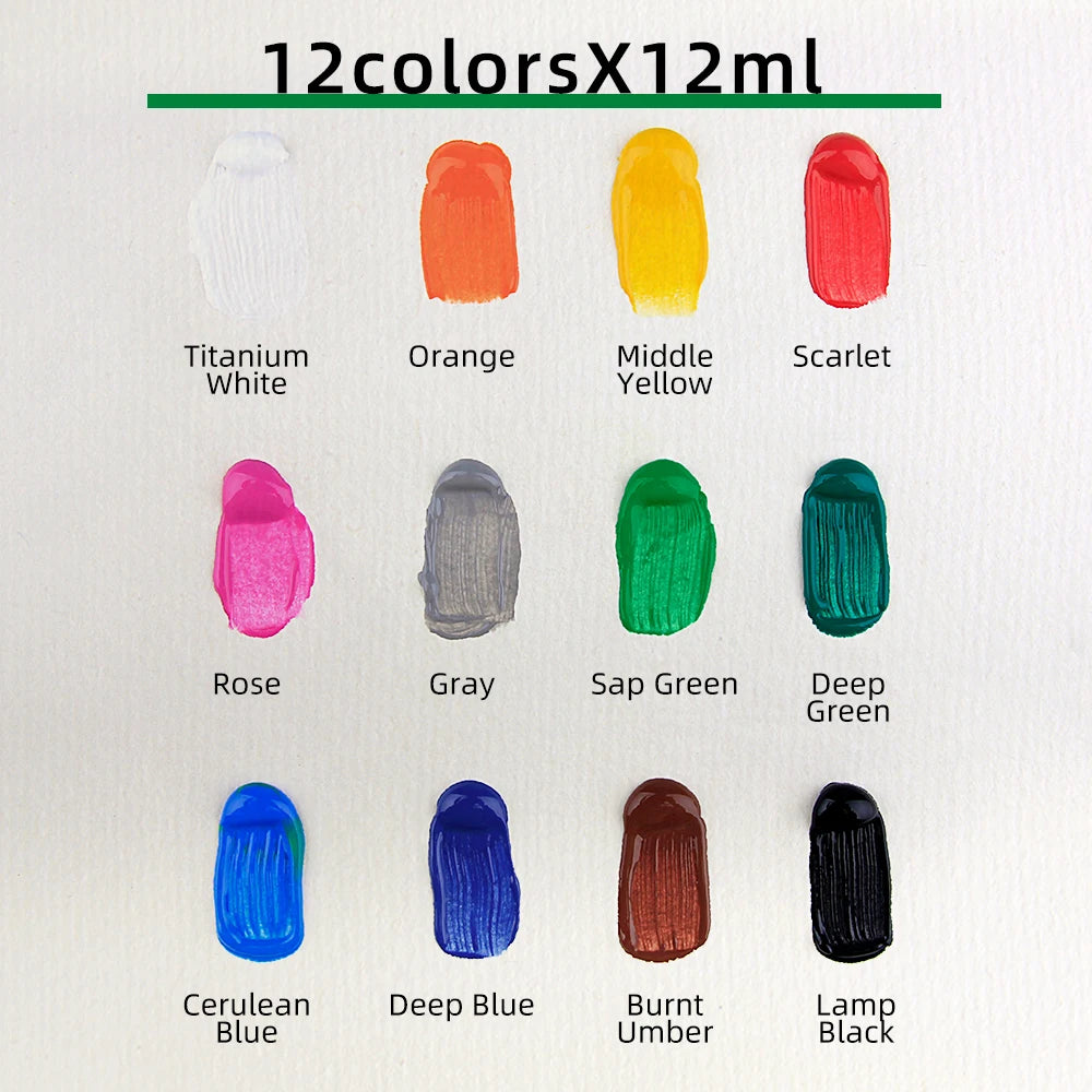 12Color Acrylic Paint Set 12ml Tubes Waterproof Art Supplies for Beginner Artists DIY Painting on Canvas Wall Art Craft Projects