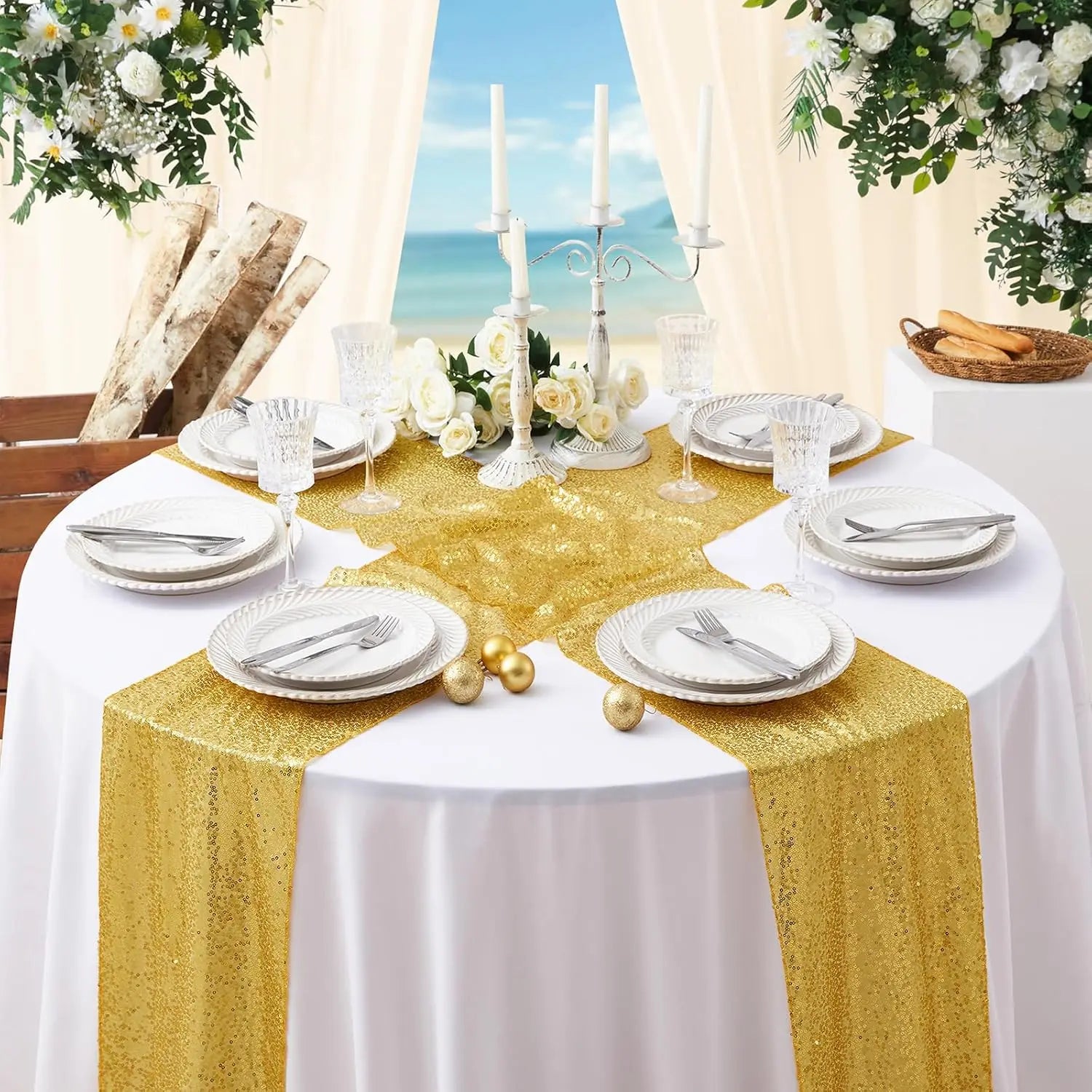 Gold Sequin Table Runners 12 x 72 inch, 16 Pack Glitter Fabric Sparkle Table Cloth for Holiday Birthday Wedding Bridal Mardi
