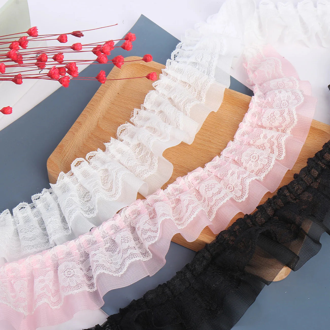 2yards 5cm Double-Layer Pleated Chiffon Lace Trim Clothing Wedding Accessories Decor Ribbon DIY Handmade Sewing Lace Trimmings