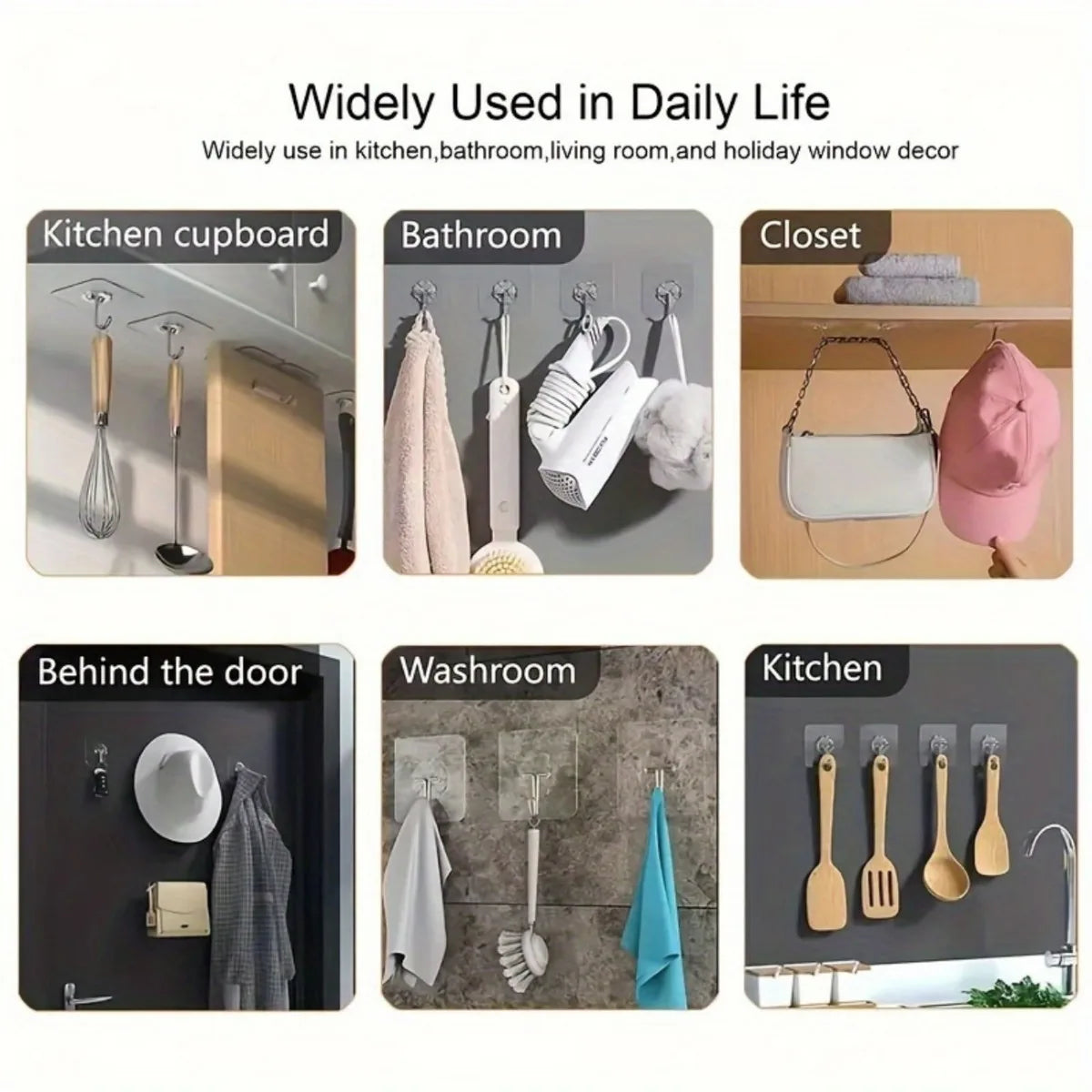 50 pcs Heavy Duty Clear Adhesive Hooks, No Residue Wall Hooks for Bathroom Kitchen, Strong Hold Space-Saving Organizers
