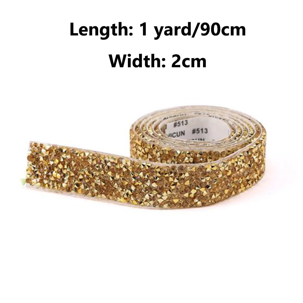 1 Yard Self-Adhesive Gold Crystal Rhinestone Tape Trim Applicator DIY Shoes Dresses Decoration Rhinestones Ribbon Roll Crafts