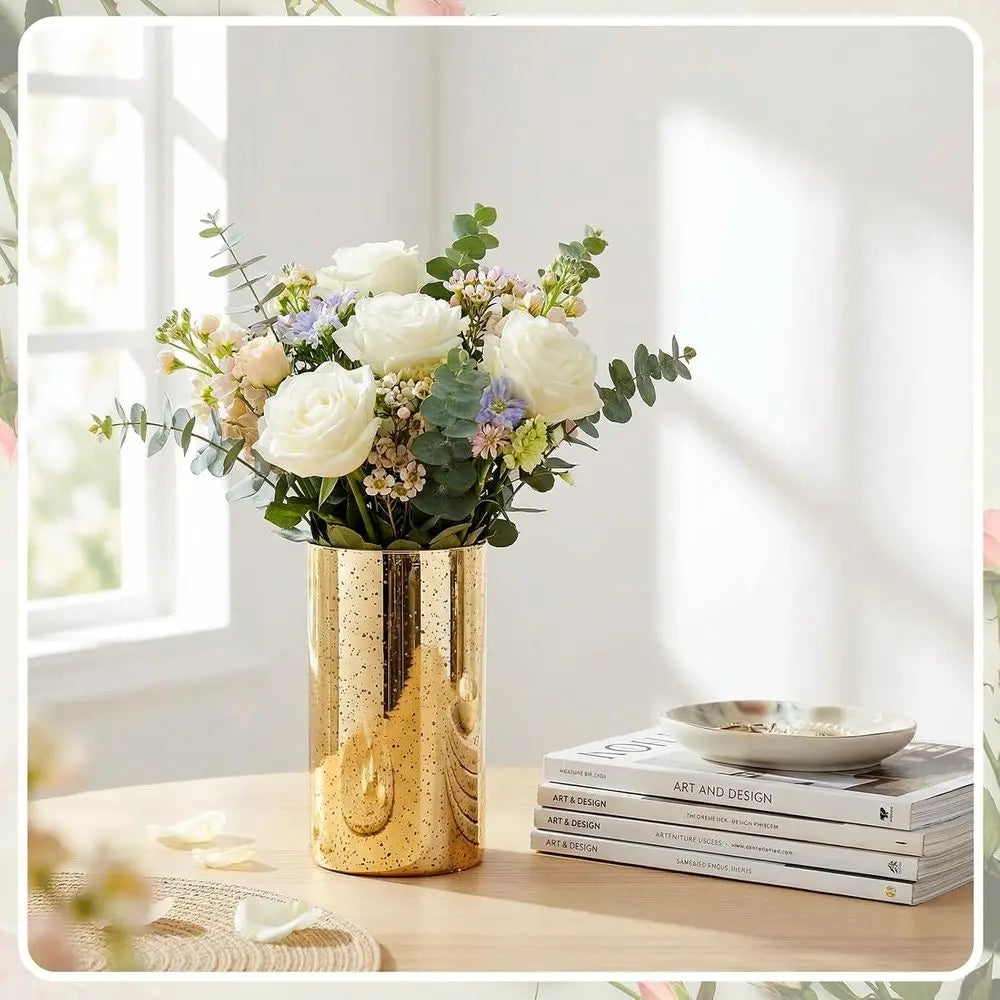 6 Gold Cylinder Vases Set of 20 - Mercury Glass Style for Centerpiece, Candle Holders, Home & Wedding Decor