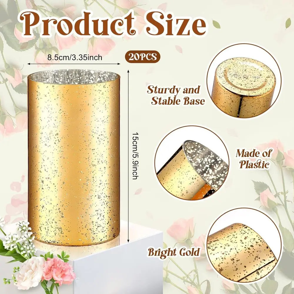 6 Gold Cylinder Vases Set of 20 - Mercury Glass Style for Centerpiece, Candle Holders, Home & Wedding Decor