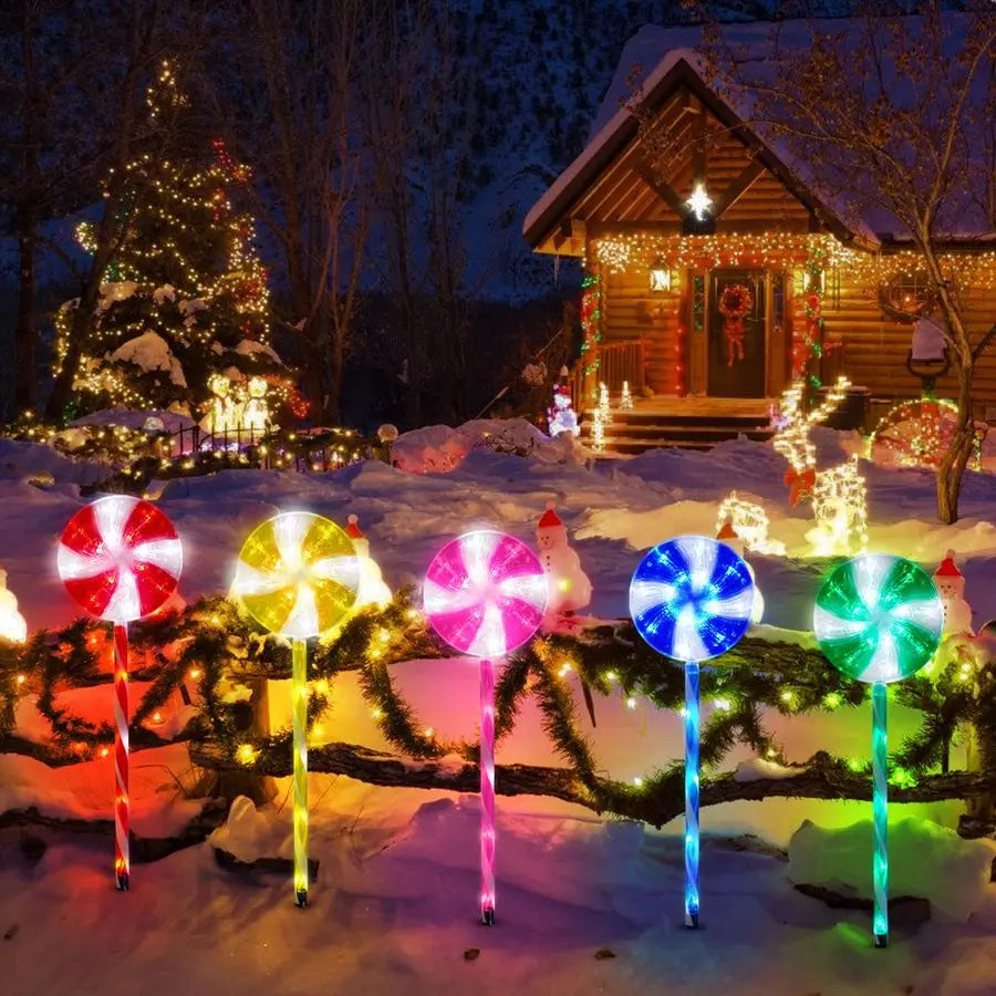 Christmas Decorations Solar Pathway Lights, Set of 5 Lollipops Peppermint Stake Lights, 8 Modes Candy Cane Walkside Lights, Outd