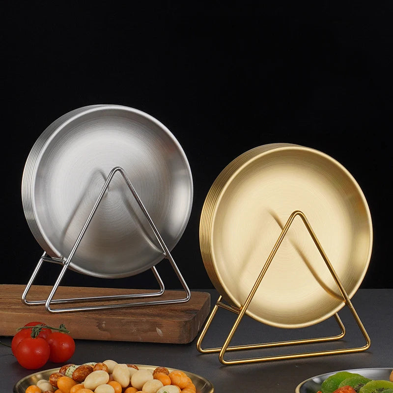 Kitchen Utensils With Shelves Gold Silver Stainless Steel Circular Plates Trays Shallow Bottom Rust Proof Plates Picnic Plate