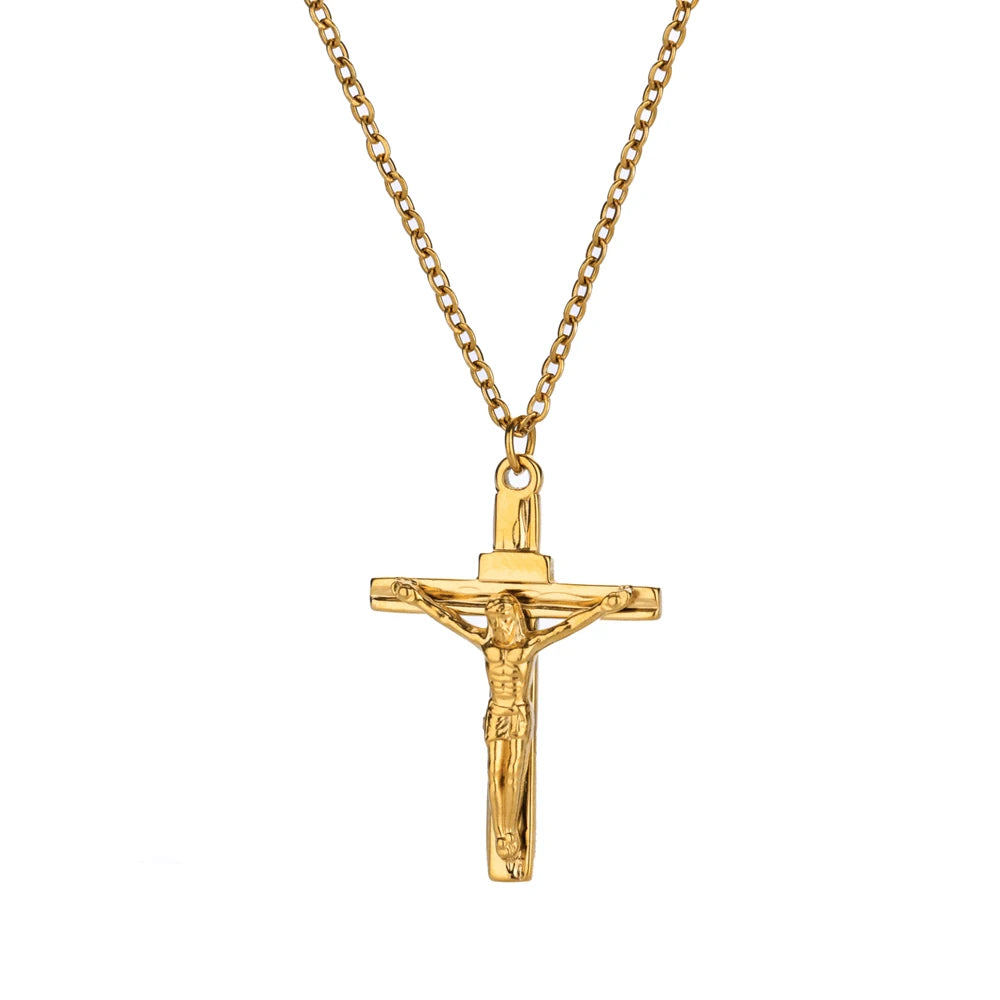 LLX Stainless Steel Jesus Cross Necklace For Women Men Gold Color Caravaca Angels Crucifix Charm Choker Rapper Jewelry Hip Hop G