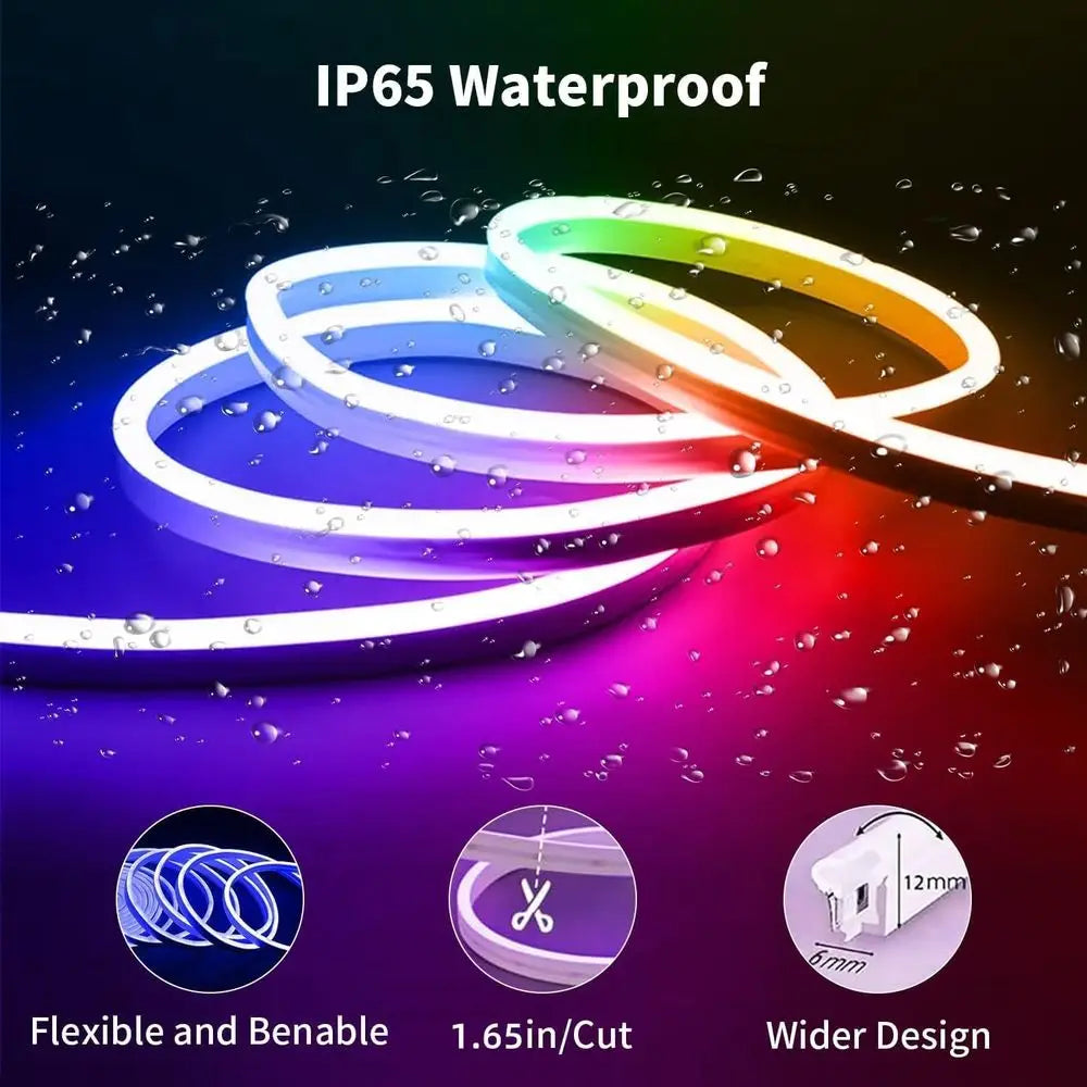 32.8T RGB Neon LED Strip Lights, 24V Waterproo Silicone Rope Light, Music Sync, Color Changing, App & Remote Control, or Bedroom