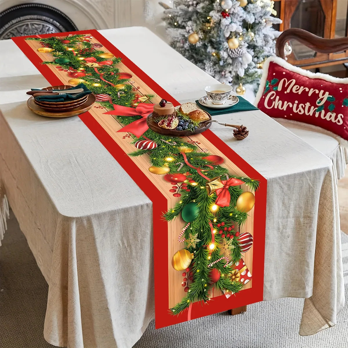 Christmas Poinsettia Table Runner Merry Christmas Decoration for Home 2025 Xmas Navidad Notal Noel Tablecloth New Year 2026 Gift