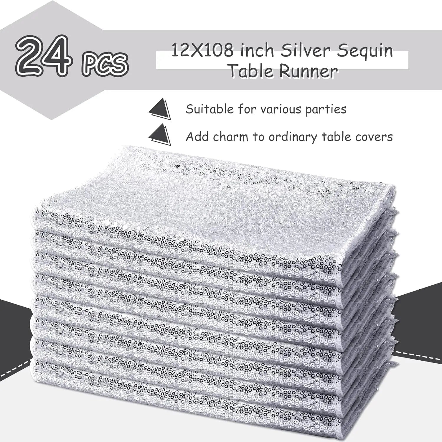 24 Silver Sequin Table Runners, 12x108 Inch Glitter Decor for Parties Weddings Holidays