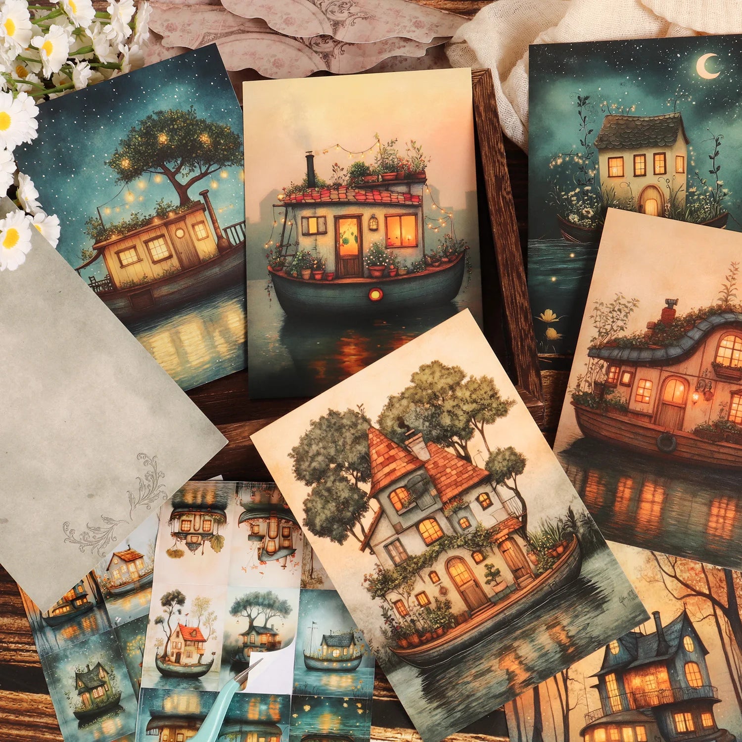 16cards, 4envelopes, 36stickers Moon Boat Double-sided Writable Cardboard Set, for Greetingcard, Scrapbooking Supplies,  Crafts