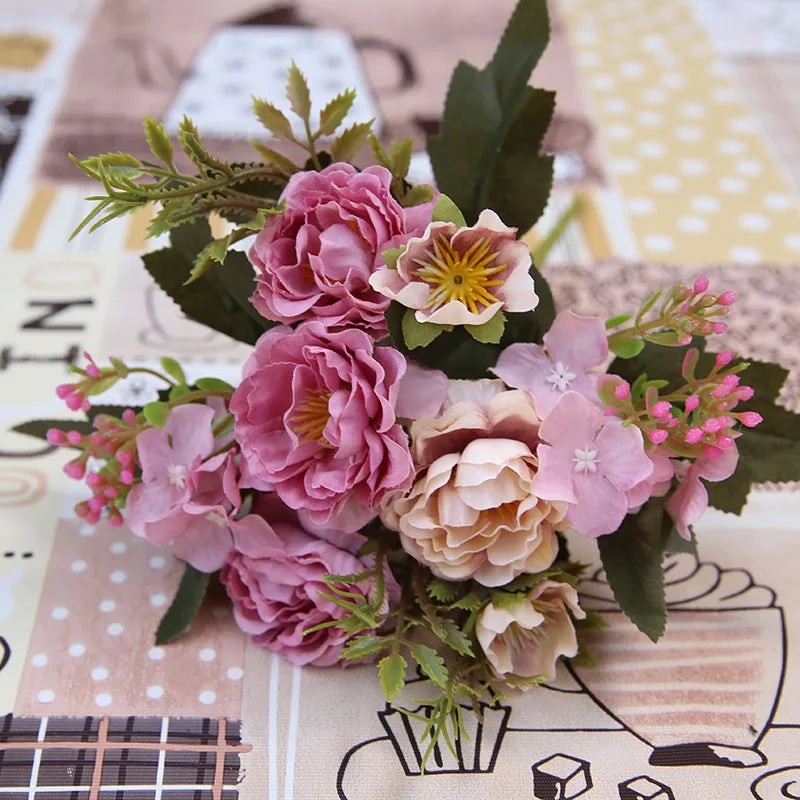 5 Forks 8 Heads Artificial Flowers Small Peony Bouquet Wedding Decorative Plants Wreaths Vases for Home Decoration Accessories