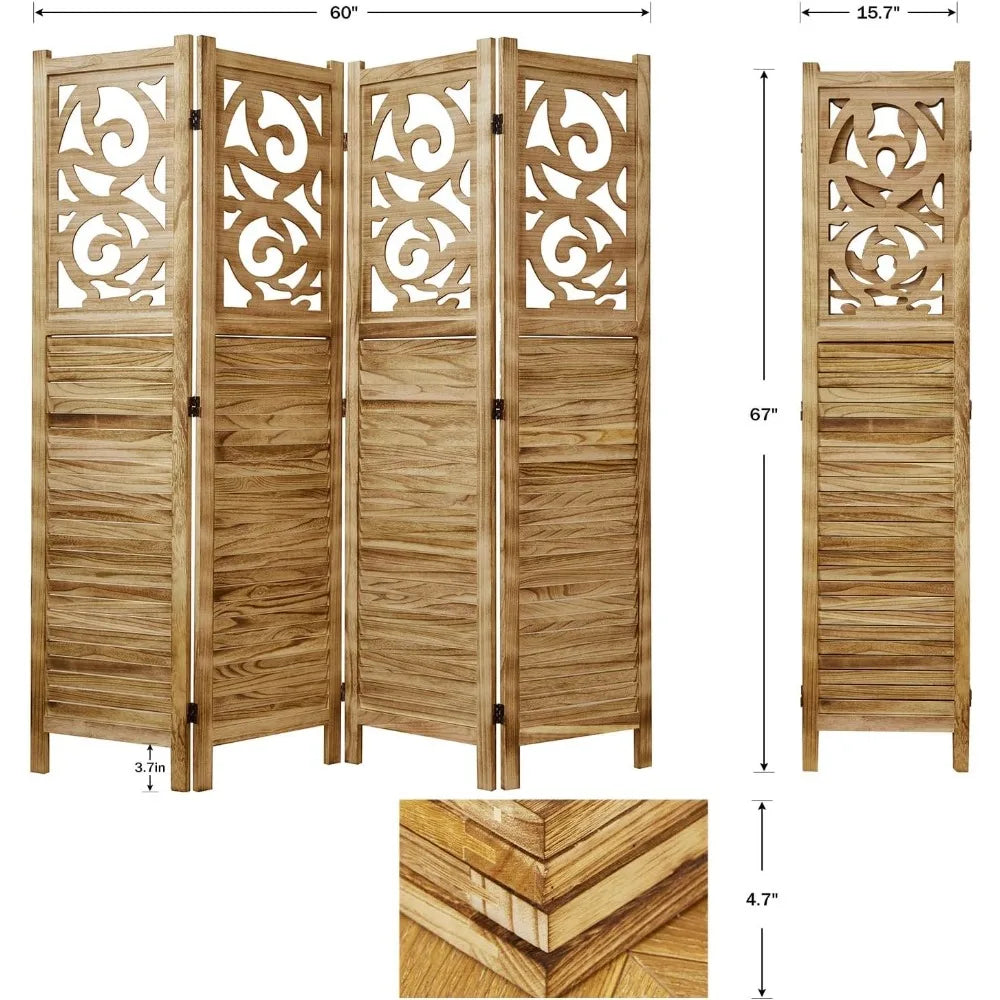 5.6Ft 4 Panels Wood Carved Privacy Screens, Free Assembled Freestanding Portable Reversible Functional Dec