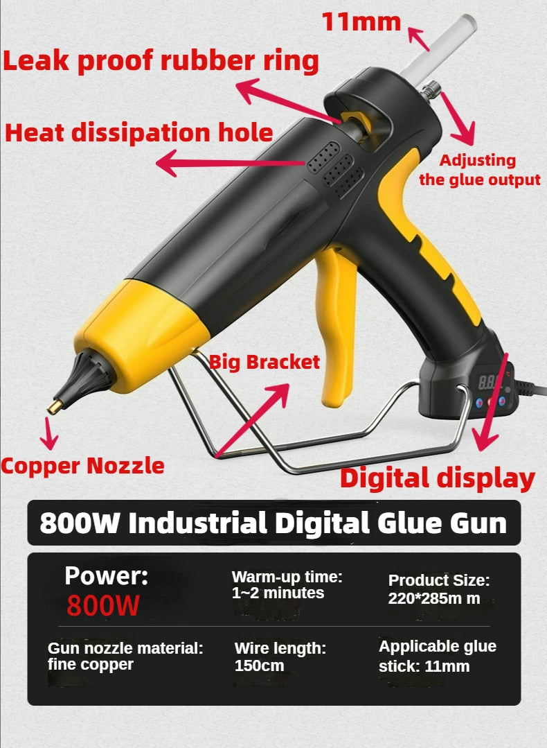 800W Professional Hot Melt Glue Gun Digital Adjustable Temperature Copper Nozzle 11 Mm Glue Sticks Industrial Tools Silicone Gun
