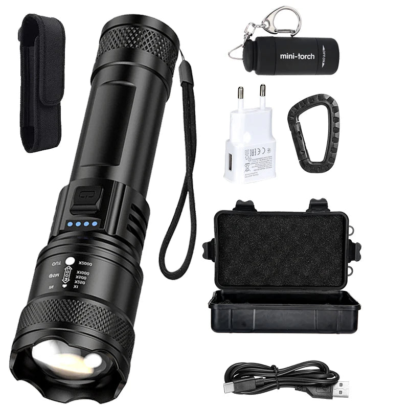 Super Bright Flashlight USB Rechargeable LED Long Range Tactical Torch Outdoor Waterproof Emergency Camping Fishing Lantern