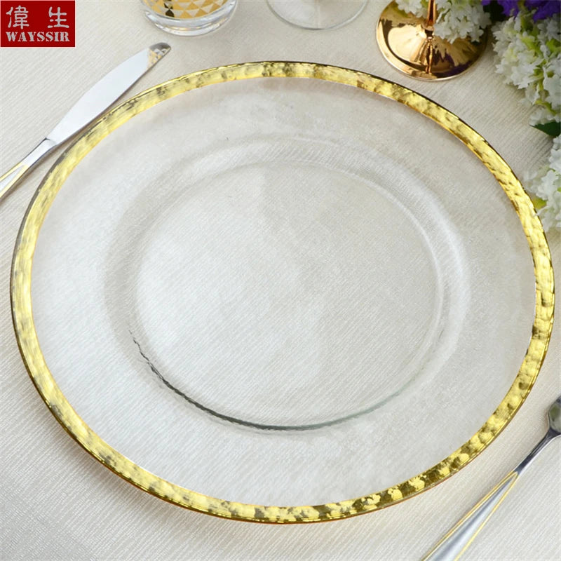 Transparent Glass Charger Plate, Decorative Wedding Dinner Plate, Round Tableware, Show Tray Display, Paint Gold Line Design
