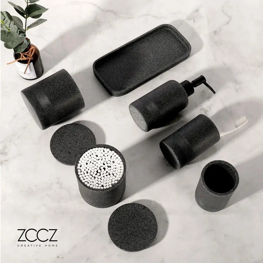 Black Stone Bathroom Accessories Set 6 Pieces Toothbrush Holder, Lotion Dispenser, Qtip Container, Vanity Tray, Tumbler Countert