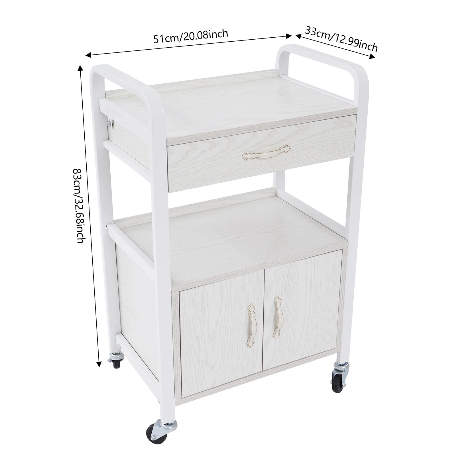 Salon High-density Wood Panels Storage Cart,White Rectangle Free Standing Movable Beauty Organizer 51*33*83cm for Beauty Salons