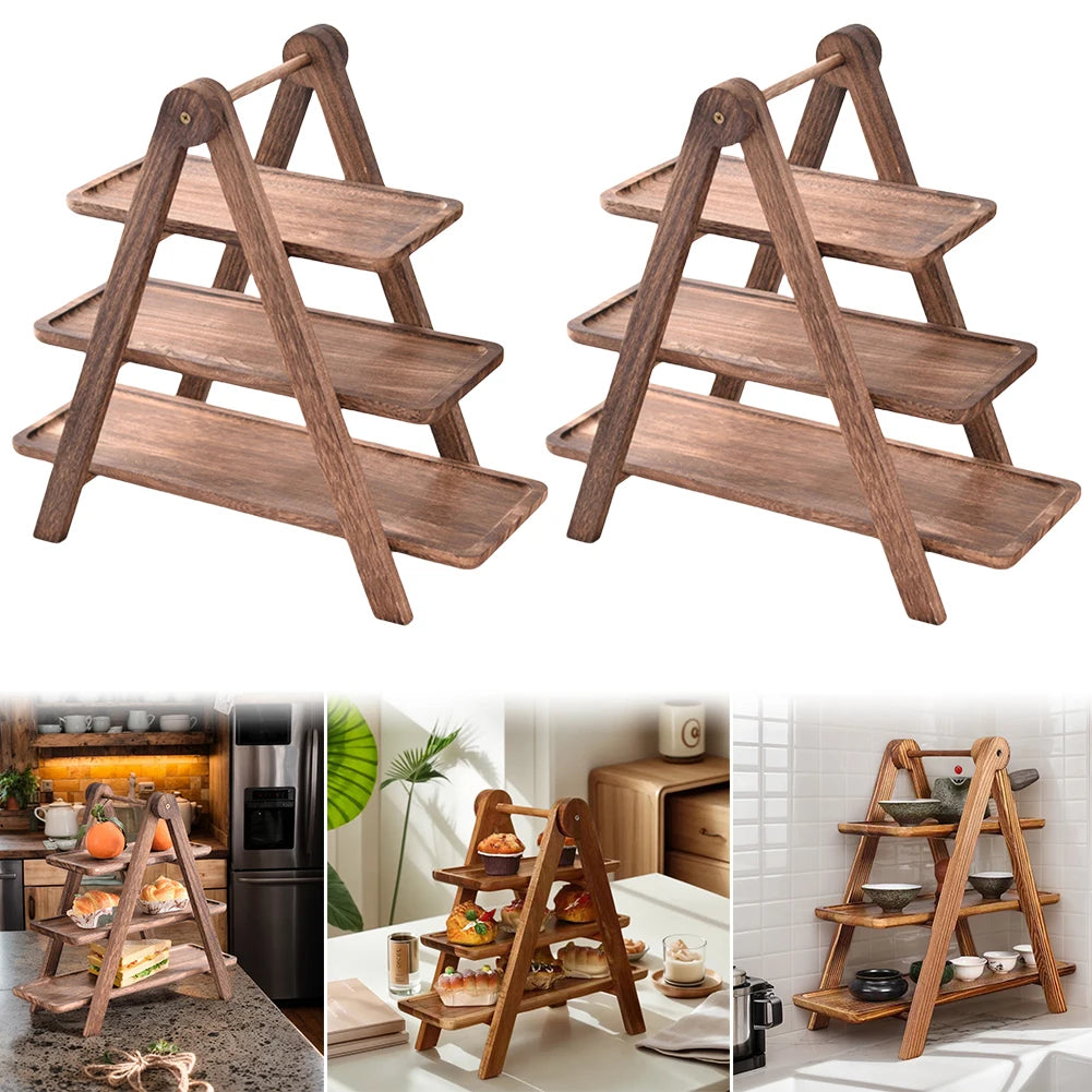 2Pcs Wooden Serving Platter 3 Tier Serving Tray Multi-Function Rectangular Serving Stand Cupcake Tiered Tray for Wedding Party