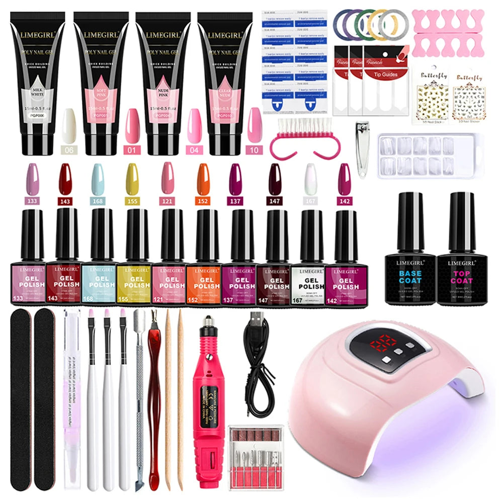 LIMEGIRL 8ml Gel Nail Polish Set UV Semi-Permanent Gel Varnish Soak Base Coat Polishing Tool with LED Lamp and Nail Drill  Kit