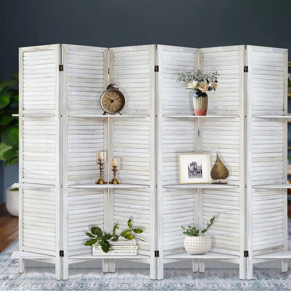6-Panel Wooden Folding Privacy Screen with Shelves, Portable Room Divider for Home and Office