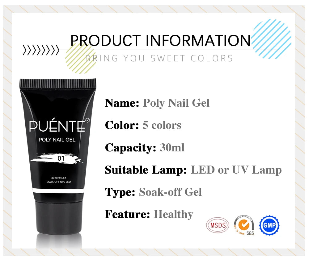 PUENTE 5Pcs/Set 30ML Poly Nail Gel Fast Nails Extend Clear White Pink Colors Hema-Free Acrylic Gel Soak Off UV Builder Nail Gel