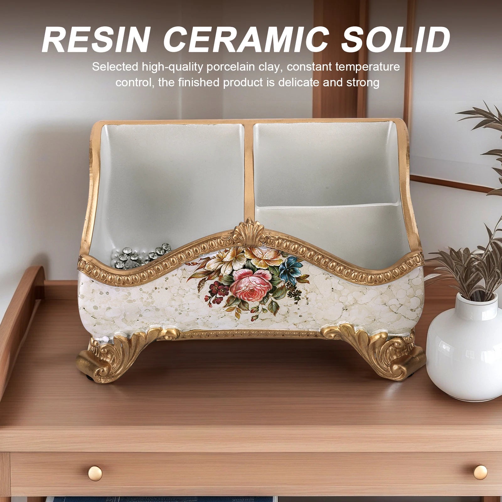 Vintage Floral Resin Tray Remote Control Holder & Desk Organizer Three Compartment Vanity Holder Desk Organizer Home Decor