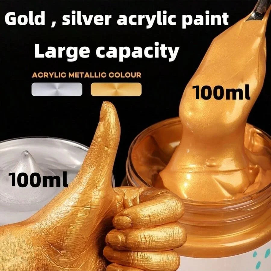 50/100/300 milliliters Golden and Silver Acrylic Paints, Metallic Pearlescent, Hand-painted Gypsum Glue, Waterproof and Non-fadi