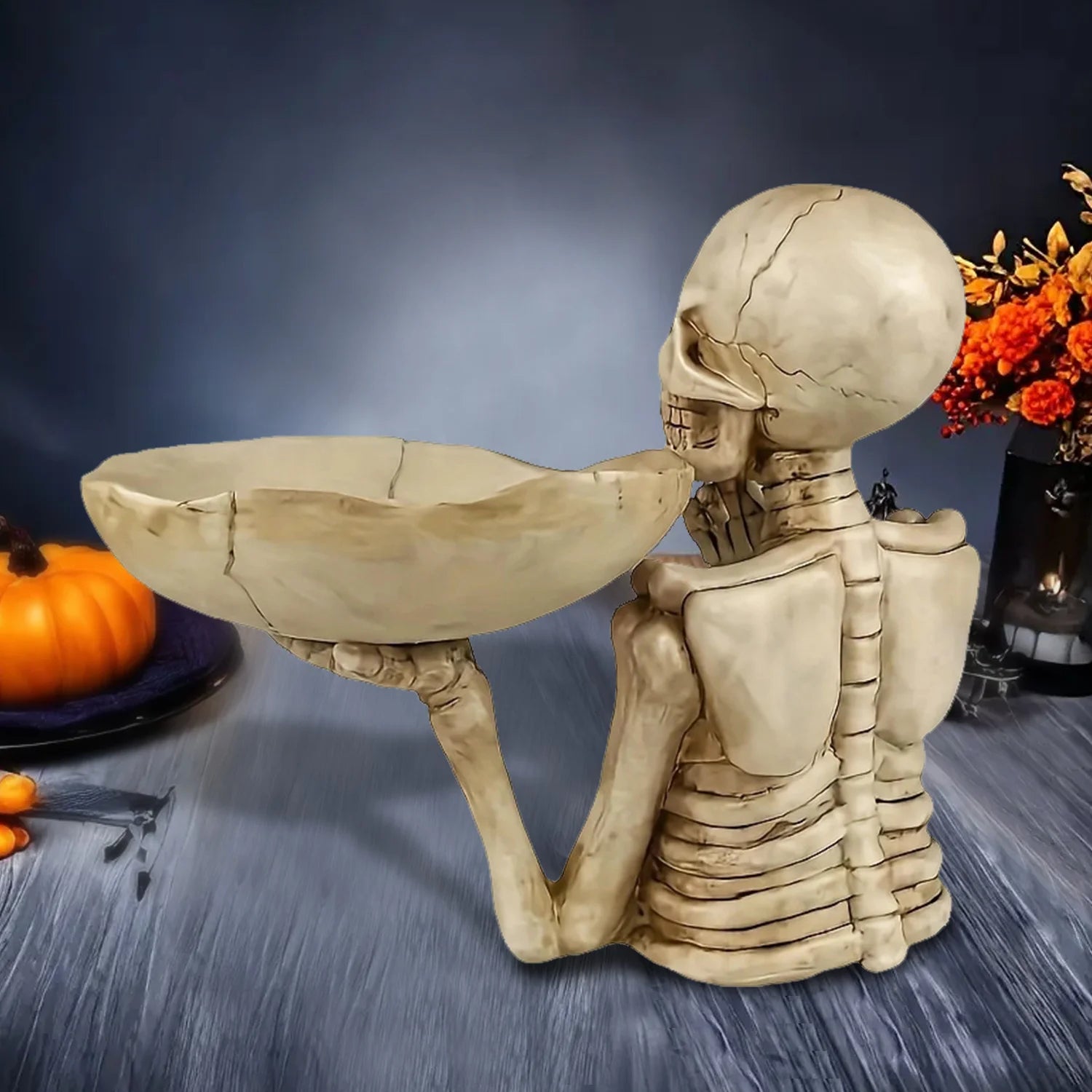 Halloween Candy Bowl resin skeleton tray decoration with bowl. Unique skeleton design suitable for indoor and outdoor decoration