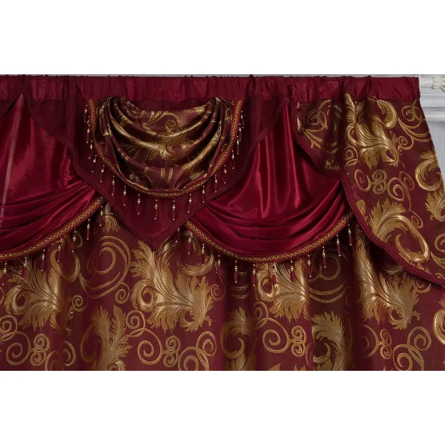 Jacquard Luxury Window 2 Panel Set Burgundy Gold Curtain with Attached Valance and Backing Bedroom Living Room Dining 2 Curtains