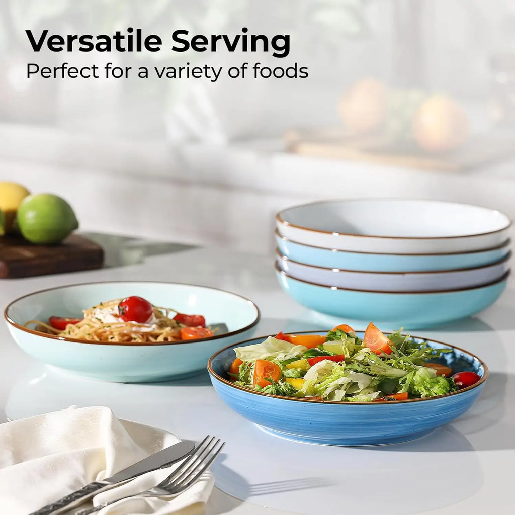 8.5'' Ceramic Pasta Bowls Set of 6, 30 oz Shallow Salad & Soup Bowls, Microwave & Dishwasher Safe Dinnerware in Gradient Blue
