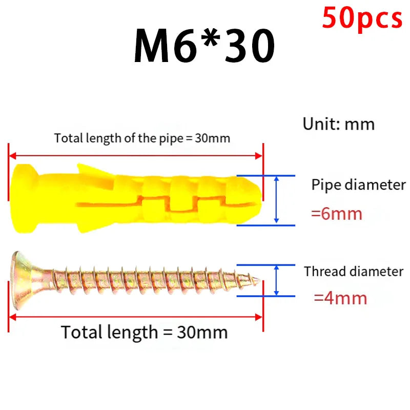 50-Set Drywall Anchor & Screw Assortment Kit Self-Tapping Screws Kit M6 & M8 Stainless Steel Expansion Screws Cross Tips Screws