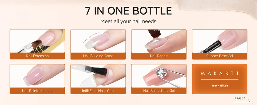 Builder Nail Gel, 7-in-One Clear Builder for Nails, LED Lamp Cured Rubber Base Gel Polish Coat Strengthener Thickening Extension