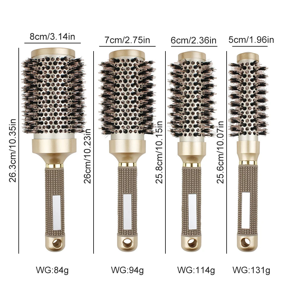 Gute Boar & Nylon Roller Brush - Gold Non-Slip Handle, Curl Defining Barrel - Salon Home Styling