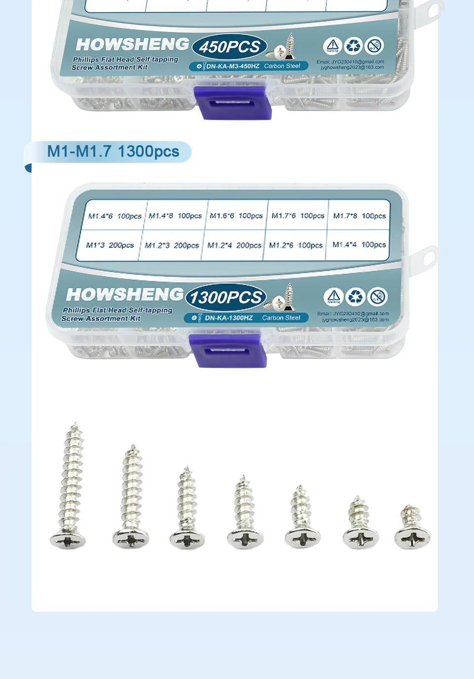 190/450/800/1300pcs Cross Flat Head Self-tapping Screws Set Assortment Kit Nickel Plated M1-M4 Phillips Head Wood Screw